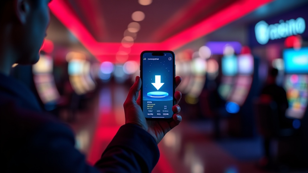Smartphone con schermata di download app in un ambiente casino scuro