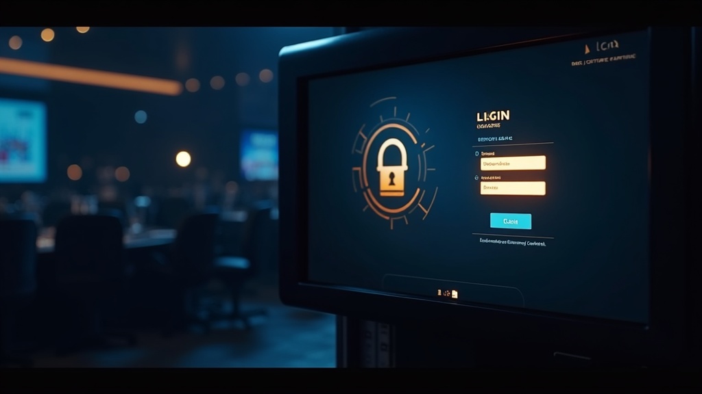 Schermo di accesso in un ambiente casino scuro con interfaccia luminosa.