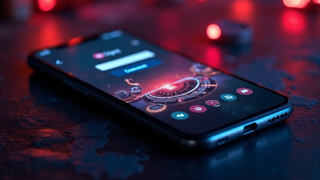 Smartphone con schermata di login e registrazione in un casino luminoso e scuro.