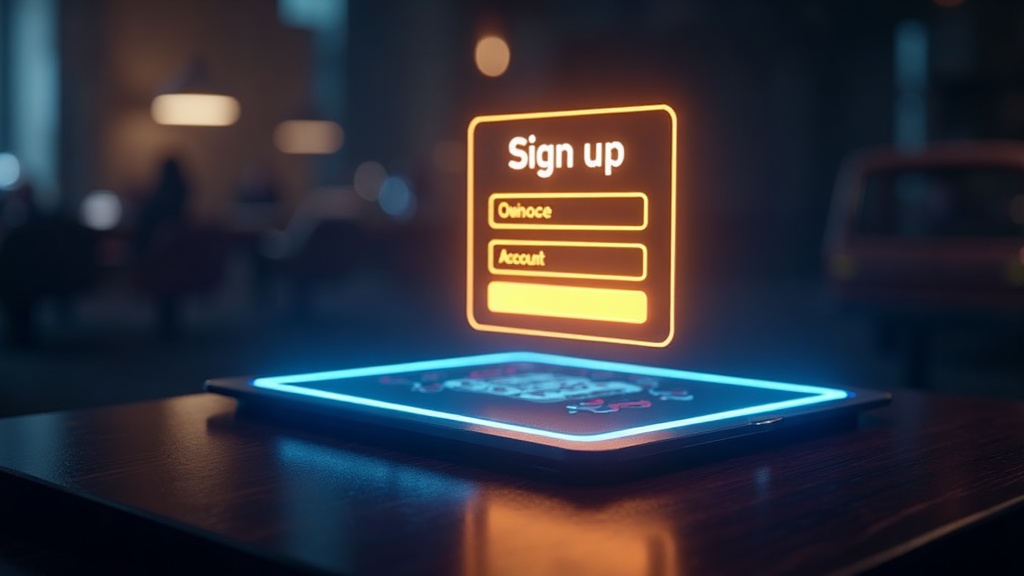 Modulo di registrazione luminoso su tablet in un ambiente casino scuro.